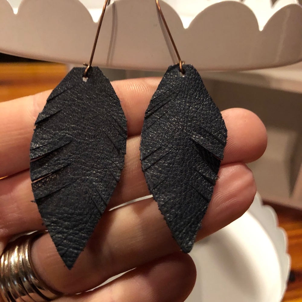 Navy blue Leather feather feature earrings